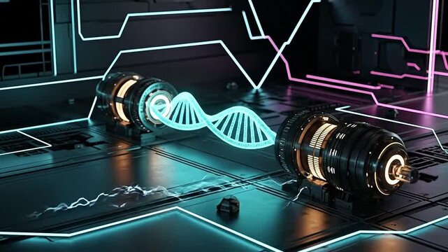 Genetic marvel in a futuristic lab: a mesmerizing 3D rendering of a DNA strand connecting two scientific components. The image highlights advancements in biotechnology and cutting-edge research.