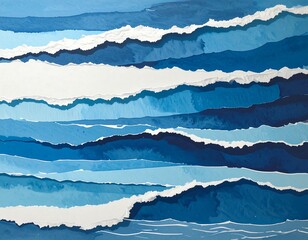 Fototapeta premium Abstract ocean waves art. Textured paper layers in blues and whites create depth and a calming sea