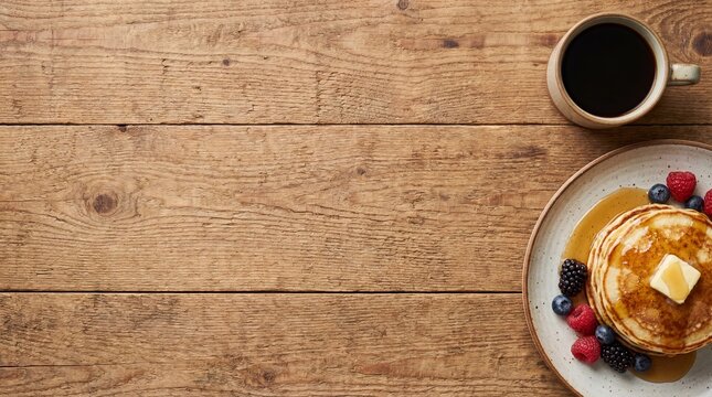 pancakes, breakfast, coffee, morning meal, healthy breakfast, delicious pancakes with berries and maple syrup on wooden table, coffee cup, berries, snack, homemade food, top view, rustic wood bg.
