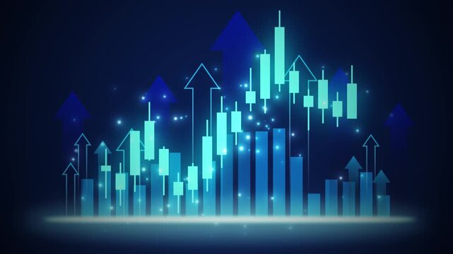financial stock market candlestick chart with arrow upside digital invest increase, index profit, progress, report, diagram