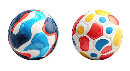 Fototapeta premium Two colorful, patterned soccer balls on a stark black background