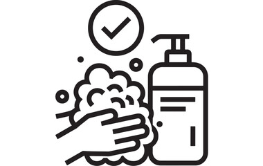 Handwashing icon with soap dispenser, foam and check mark in clean outline style, hygiene and sanitation symbol for bathroom signage, health safety UI pictogram
