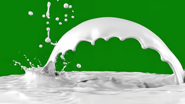 Graceful Liquid Arc with milk splash on green screen and transparent background 3d animation of white chroma key alpha channel prores 4444 in 4k uhd resolution included distortion, overlay, glitch