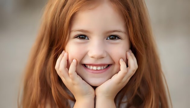 A petite beauty with long red hair smiles brightly, framing her face with her hands.