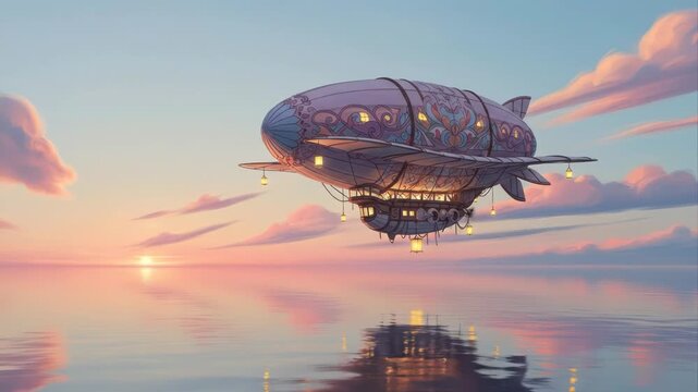 Steampunk airship flying over calm water at sunset.