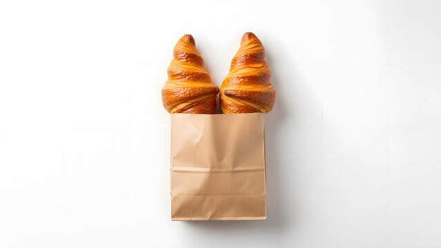 Freshly baked French croissants in brown paper bag | Minimalist studio shot of flaky bakery pastries on white background | Overhead view of two golden croissant horns emerging from package 