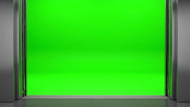 Architectural Reveal with open elevator door on green screen background distortion, overlay, glitch, static noise, scan lines black background, 4k animated video loop