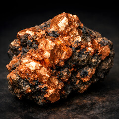 Gleaming Copper Specimen: A close-up view unveils a raw, mesmerizing piece of copper ore, its surface shimmering with metallic luster and intricate crystalline formations.