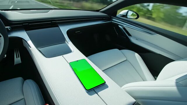 Overhead Perspective with the girl in front seat of car is sitting a phone green screen her feet out window top view woman s hands chromakey distortion, overlay, glitch, static noise, scan lines on