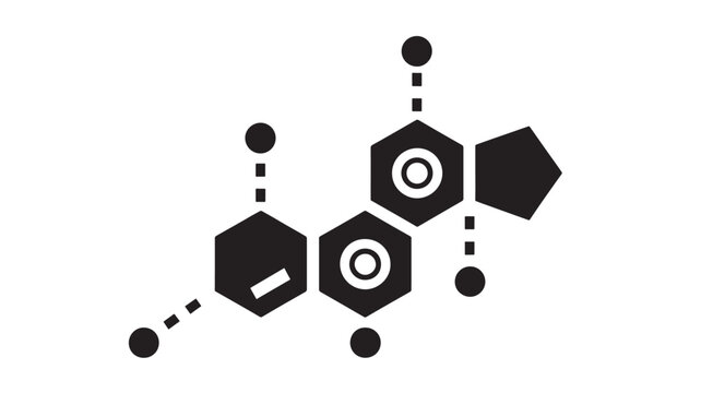 Molecule icon with connected hexagon nodes and dotted links, minimal black geometric chemistry symbol for science, technology, network and data visualization