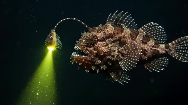 Deep sea Angler fish displaying its bioluminescent lure in the dark water