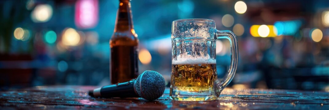 Cold beer mug with foam and microphone on neon-lit counter in karaoke bar at night