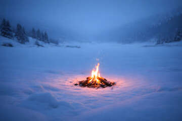 Bonfire Amidst the Snow: A solitary bonfire glows warmly against a tranquil, snow-covered landscape, the flames dancing and casting a comforting light into the wintery scene. 