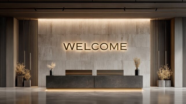 Modern luxury hotel reception desk with illuminated welcome sign and minimalist interior design