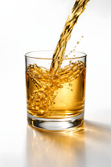 Refreshing Beverage Pour: A crystal clear glass receives a cascade of a golden, effervescent liquid, illustrating the simple pleasure of refreshment.
