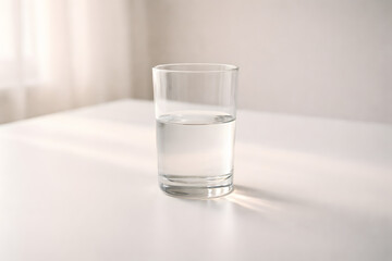 Glass of Water on Table: A simple, elegant glass of water sits on a clean, light-filled table, exuding a sense of freshness and purity. Evoking serenity and minimalism.
