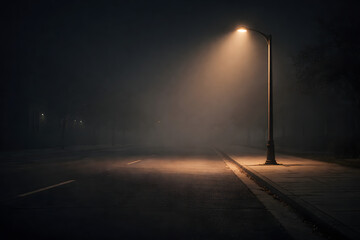 Lonely Lantern in the mist: A lone lamp post stands as a beacon of light in a misty, melancholic night, casting a warm glow on the empty street.