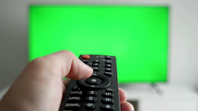 Home Entertainment Technology Interface with person pointing a tv remote and pressing buttons in front of green screen distortion, overlay, glitch, static noise, scan lines on black background, 4k