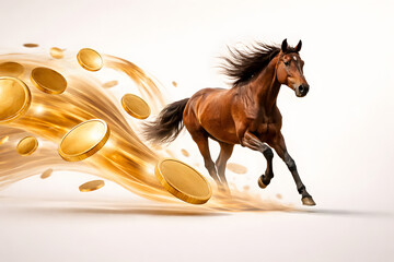 Galloping Horse and Golden Coins: A powerful, majestic horse races forward, trailed by a whirlwind of shimmering golden coins, symbolizing wealth, speed, and success. 