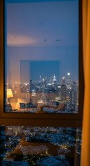 City Skyline at Night Through Window.