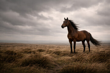 Majestic Horse in the Storm: A lone horse stands against a dramatic, stormy sky, its silhouette a symbol of strength and resilience amidst the elements.