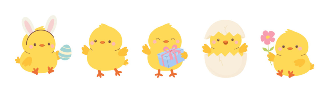 Cute collection of Easter chicks character in different poses. Chickens set for spring holiday design. Flat vector illustration.