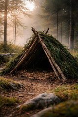 Shelter in the Woods: A rustic, hand-built shelter stands nestled amidst a mystical forest, offering a sense of refuge and harmony within the natural world.