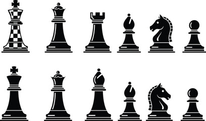 Chess pieces silhouettes set featuring king queen rook bishop knight and pawn icons isolated on white background for strategy, board game, competition, and intelligence concepts © MstJakarina