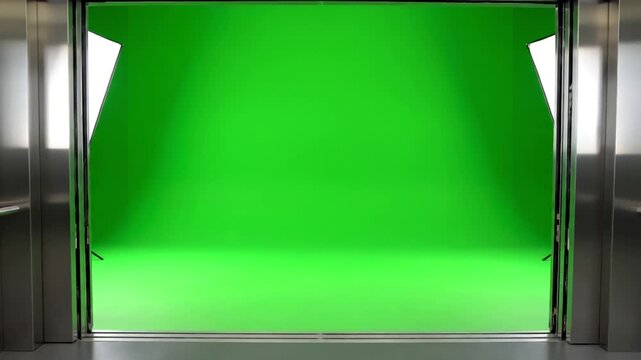 Clean Alpha Element with open elevator door on green screen background distortion, overlay, glitch, static noise, scan lines black background, 4k animated video loop
