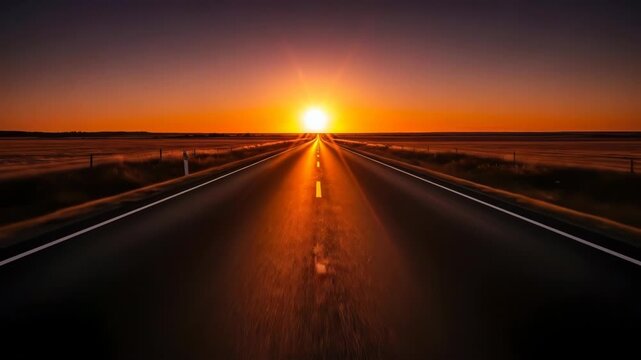 A long, straight road leading into a bright sunset over a vast landscape.