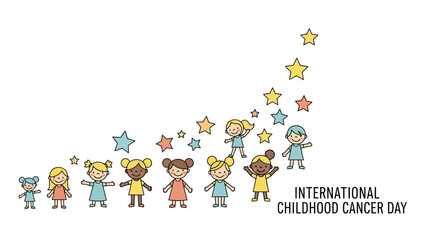 Fototapeta premium A colorful illustration of diverse children standing together with stars, promoting International Childhood Cancer Day awareness with a pink and gold ribbon, symbolizing hope and support