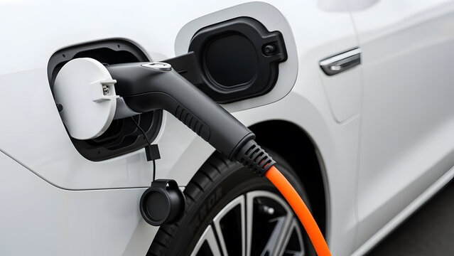 EV charging port close-up with black connector | White electric car plugged into orange charging cable station | Sustainable transportation and electric vehicle infrastructure development 