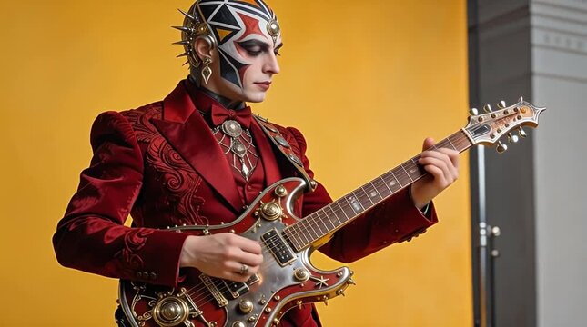  Intérprete de circo artístico con traje carmesí de alta costura tocando una guitarra eléctrica 