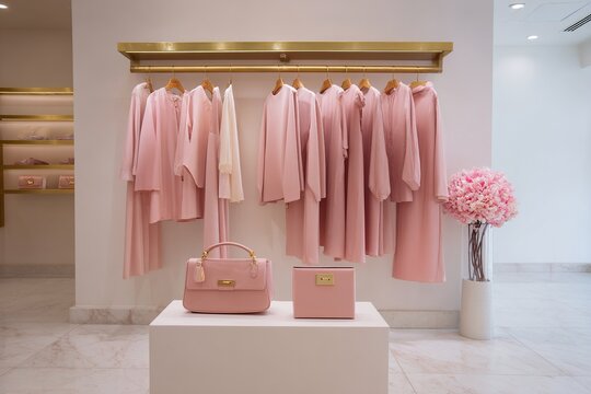 Chic boutique display of elegant pink dresses on a rack with matching handbags and floral arrangement