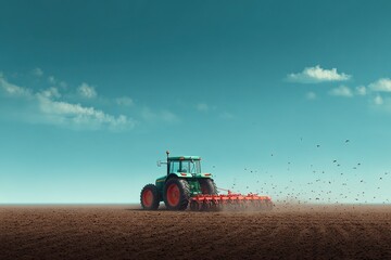Obraz premium Tractor plowing a field under a vast blue sky with wispy clouds and birds flying