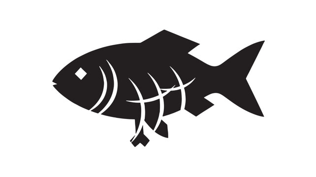 Fish skeleton icon in black silhouette style, minimal flat vector symbol of dead fish with bones and fins, isolated on white background for seafood warning labels