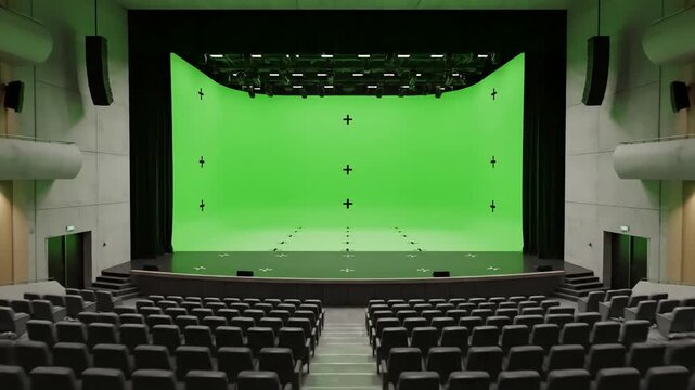 Digital Art & Technology Fusion with beautiful wide screen in cinema hall moving through over the seats 3d animation lights green and tracking points concept 4k ultra hd 3840x2160 distortion, overlay