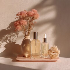 Skincare product set with serum dropper and spray bottle beside dried pink flowers on a tray with sunlight shadows