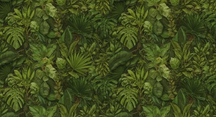 Dense tropical foliage illustration lush green leaves overhead view nature background