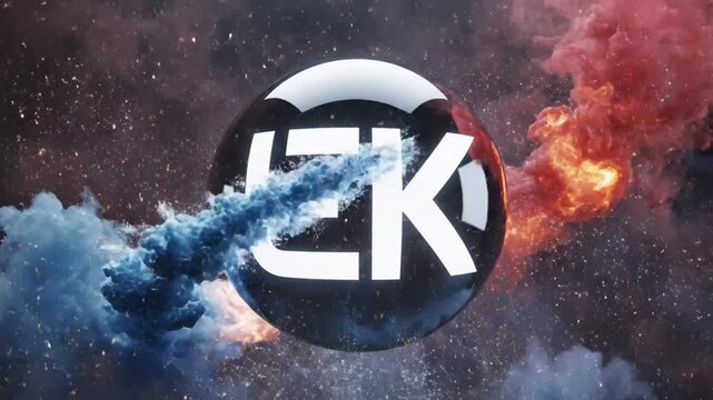 Abstract Smoke Explosion Reveals EK Text, Dramatic Visuals with Fire and Smoke Elements