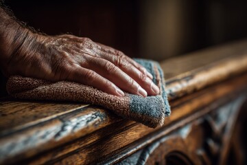 Hands cleaning wooden church pew, symbolic preparation and humility before Lent