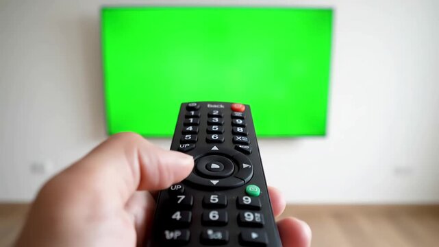 VFX and Post-Production Chroma Key Element with person pointing a tv remote pressing buttons in front of green screen distortion, overlay, glitch, static noise, scan lines on black background, 4k