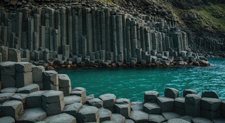 Dramatic basalt columns overlook vibrant turquoise water landscape scenery