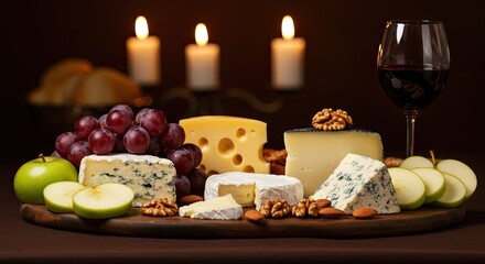 Gourmet cheese and fruit selection with candlelight in a studio setting