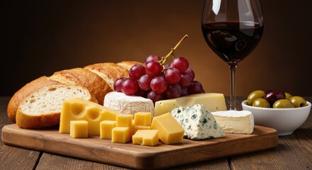 Gourmet cheese board with bread grapes olives and red wine glass against warm background