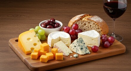 Gourmet cheese and wine still life on wooden board with grapes