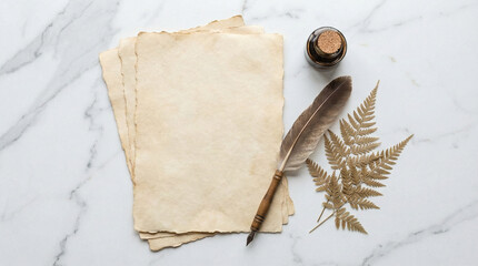 Minimalist Waitangi Treaty Document Flat Lay with Fern Leaves. Clean overhead arrangement of vintage parchment paper, quill pen, ink pot, and pressed fern leaves on white marble surface