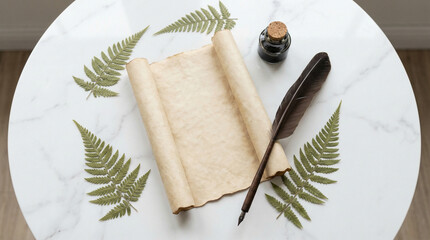 Minimalist Waitangi Treaty Document Flat Lay with Fern Leaves. Clean overhead arrangement of vintage parchment paper, quill pen, ink pot, and pressed fern leaves on white marble surface