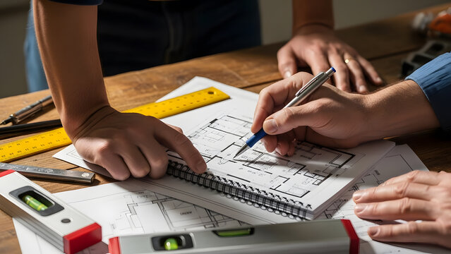 Architects reviewing construction blueprints and floor plans | Professional engineers planning new house design layout details | Close-up of hands pointing at architectural drawings with drafting tool