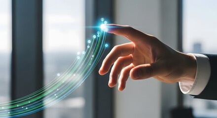 Touching futuristic digital interface, technology innovation and virtual data connection concept